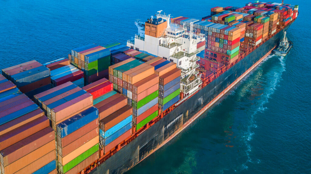 Shipping containers stacked on an international ship