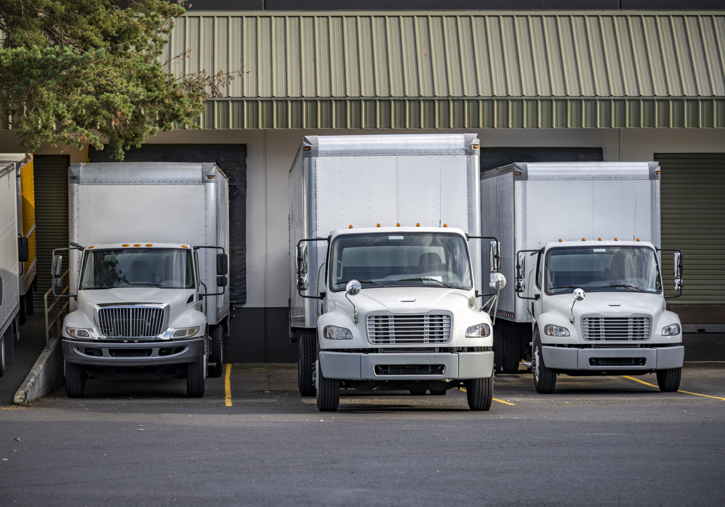 Fleet of white trucks at warehouse